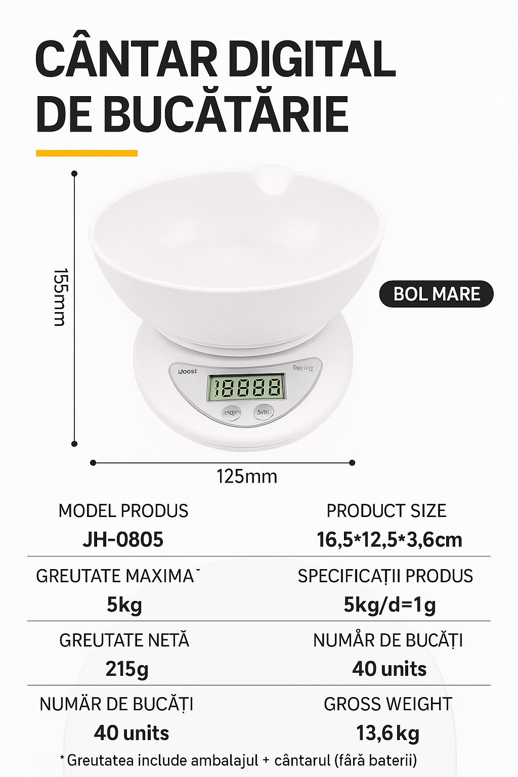 Cântar Bucătărie Electronic cu Bol – Măsurare Precisă pentru Gătit și Cofetărie