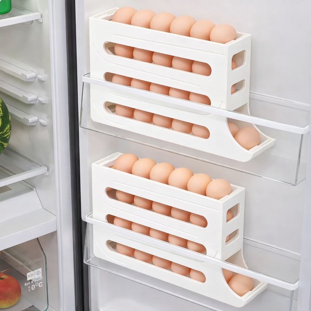 Organizator Ouă Frigider cu Rulare Automată – Suport Economisire Spațiu