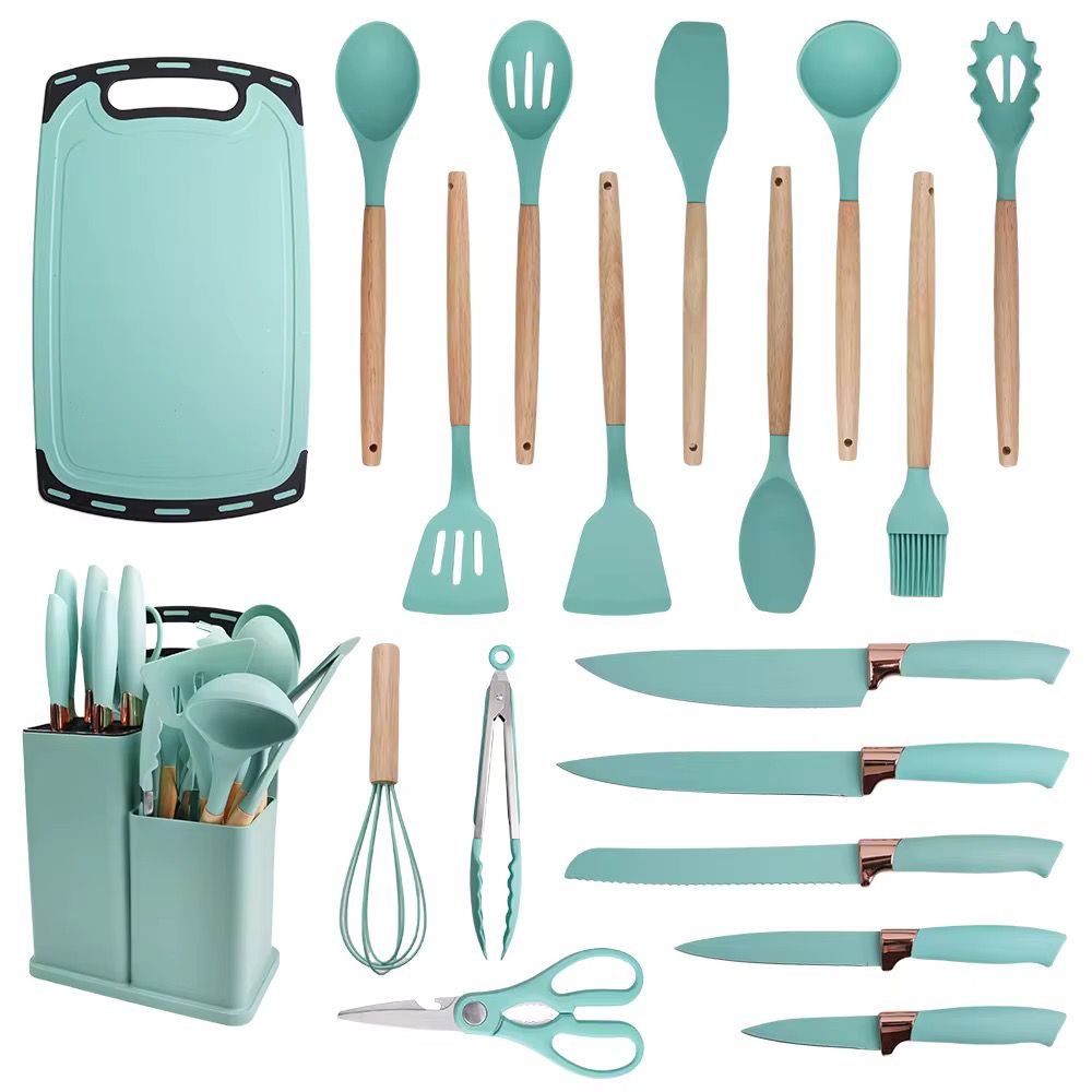 Set ustensile bucătărie 19 piese din silicon cu suport – complet, elegant și practic