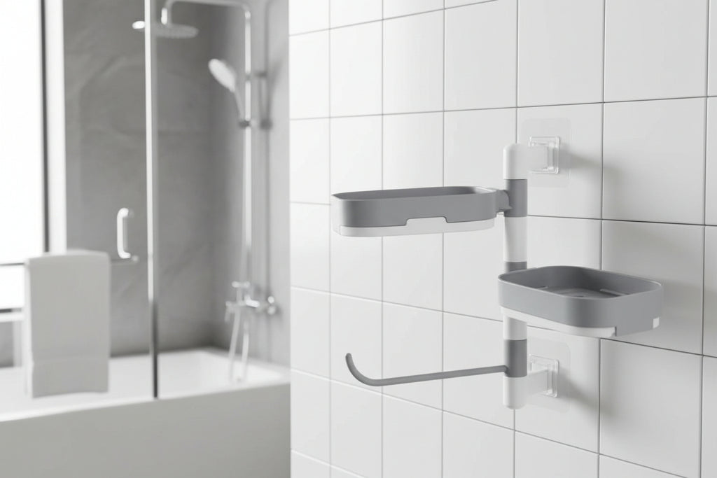 Suport Organizator Baie cu 2 Rafturi Rotative și Suport Prosoape