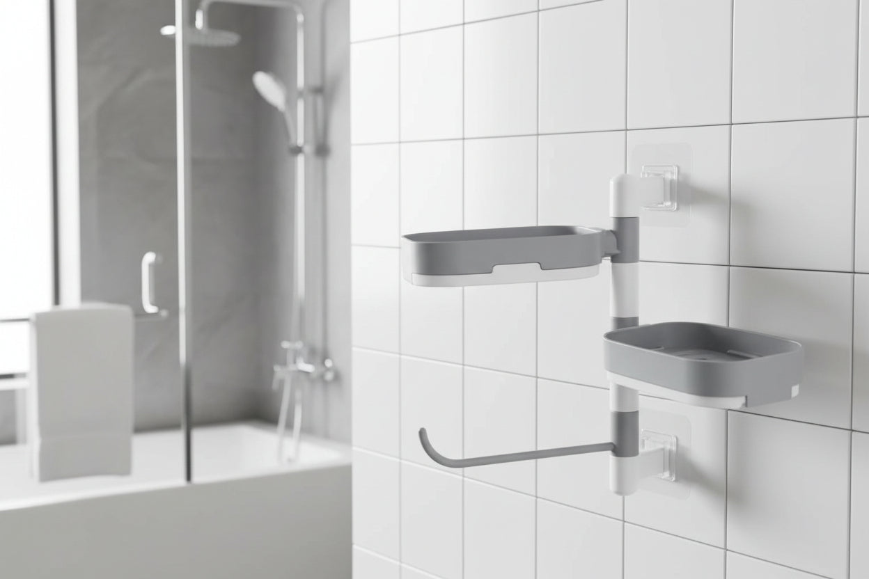 Suport Organizator Baie cu 2 Rafturi Rotative și Suport Prosoape